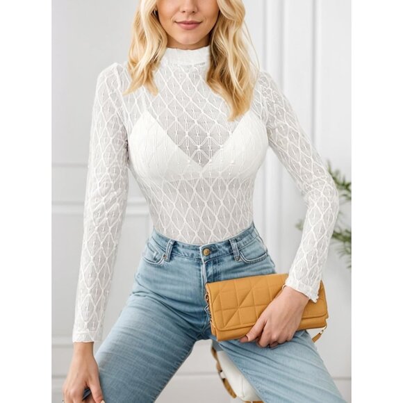 🆕 Women White Long Sleeve Mesh Top Lace Mock Neck See Through Fitted Sexy Out - Picture 2 of 7